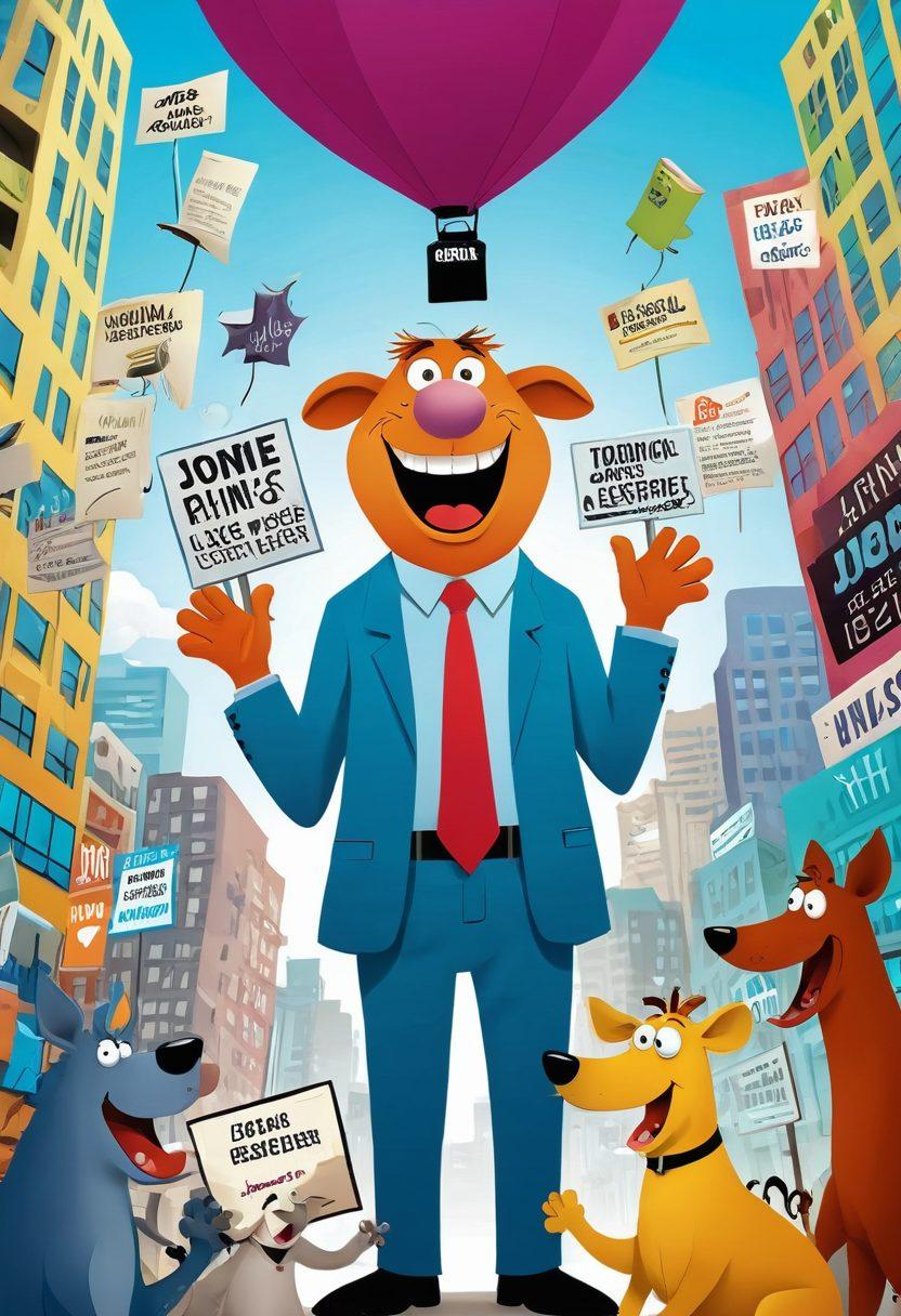 A whimsical cartoon scene depicting a character navigating a chaotic city of job listings, with humorous signs and exaggerated expressions of job seekers. Include quirky elements like a giant laughing resume and animals in business attire giving comical advice. The background should be vibrant and lively, providing an uplifting atmosphere that resonates with the theme of career humor. cartoon style. vibrant colors. fun and playful.